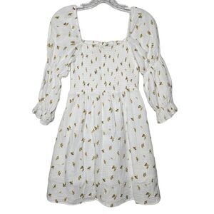 Kourt Cottagecore Floral Square Neck Smocked White Mini Dress Size Medium